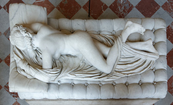 Sleeping Hermaphroditus. Hermaphroditus: Greek marble, Roman copy of the 2nd century CE after a Hellenistic original of the 2nd century BC, restored in 1619 by David Larique; mattress: Carrara marble, made by Gianlorenzo Bernini in 1619 on Cardinal Borghese's request. See page for author [CC BY-SA 3.0 (http://creativecommons.org/licenses/by-sa/3.0)], via Wikimedia Commons, http://commons.wikimedia.org/wiki/File%3ALouvre_-_Sleeping_Hermaphroditus_03.jpg. Photography courtesy of Pierre-Yves Beaudouin.