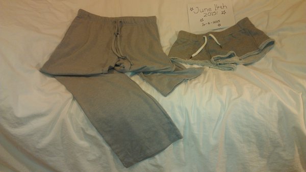 Grey cut-off shorts, soft. Grey &quot;lounge&quot;-style PJ pants, long.