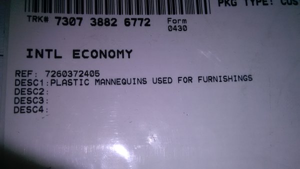 The mannequin label of the packaging, really pretty small letters on lower left hand corner of package.