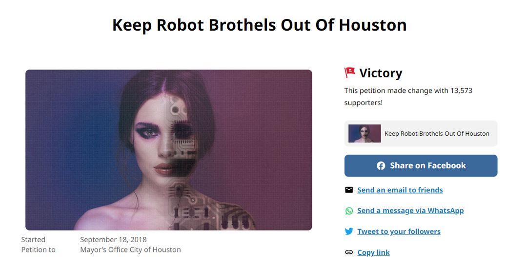 The petition of Houston Sex Robot Brothels in Change.org.