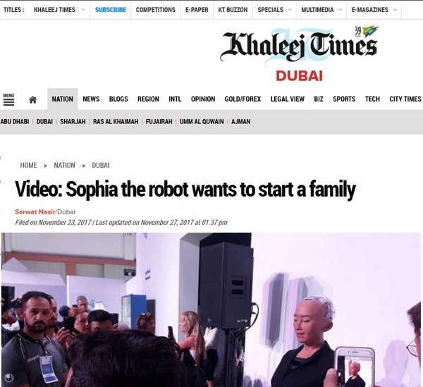2017-11-23 Khaleej Times Dubai - Sophia the robot wants to start a family.jpg