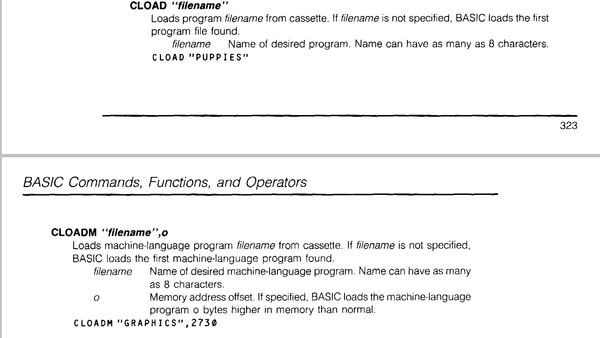 Screenshot of the TRS-80 Color Computer Extended Color BASIC command reference from the manual.