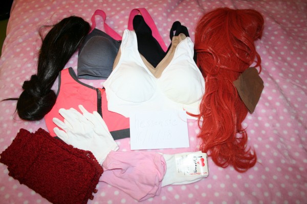 Wigs and bras, red top