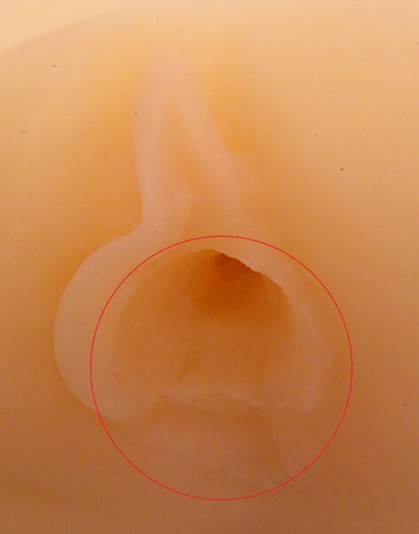 Depicts Lower bottom outside of vagina area is &quot;dug out&quot;, not smoothed, rugged. Missing right Labia section. Do you see any color?