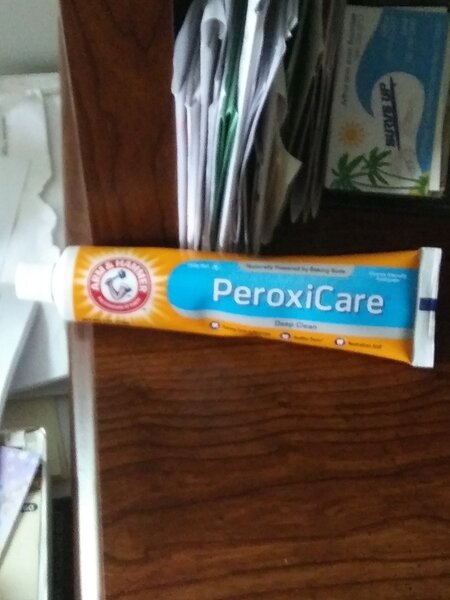 Try arm &amp; hammer peroxicare toothpaste. There are stronger versions but this works well. Start by leaving on for about 15 minutes. you can repeat and leave longer if needed. Rachael recommended.